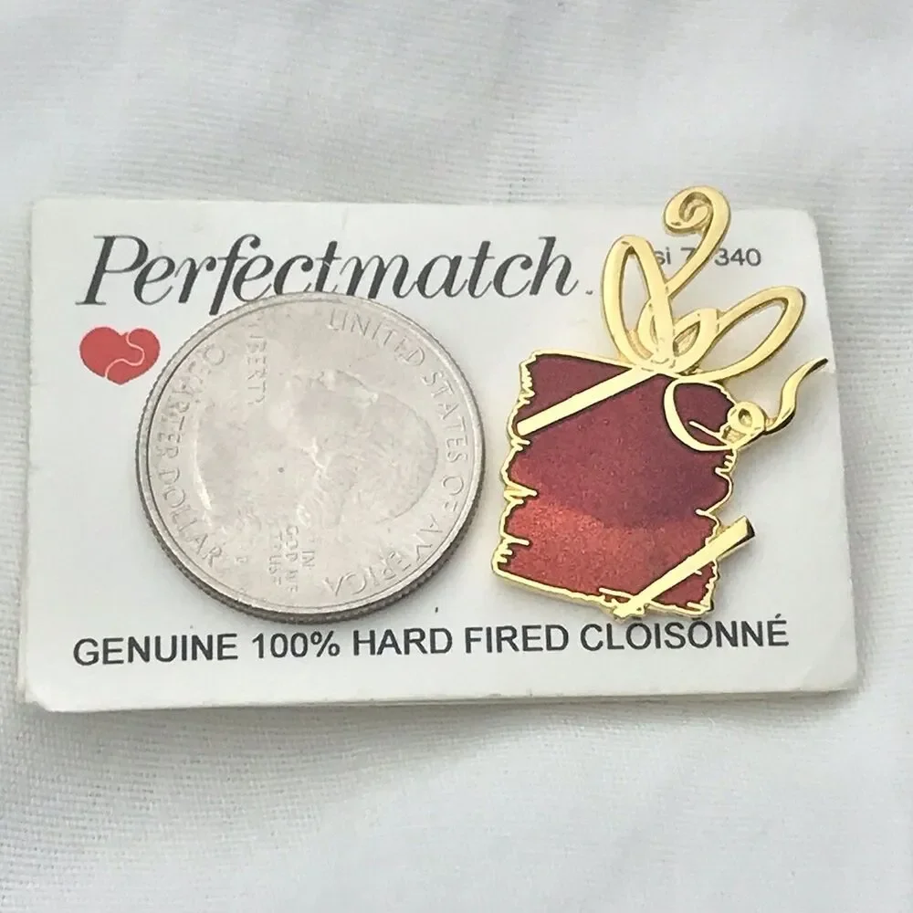 Present Cloisonne Gold Tone on Card Perfectmatch Vintage Pin Brooch Christmas